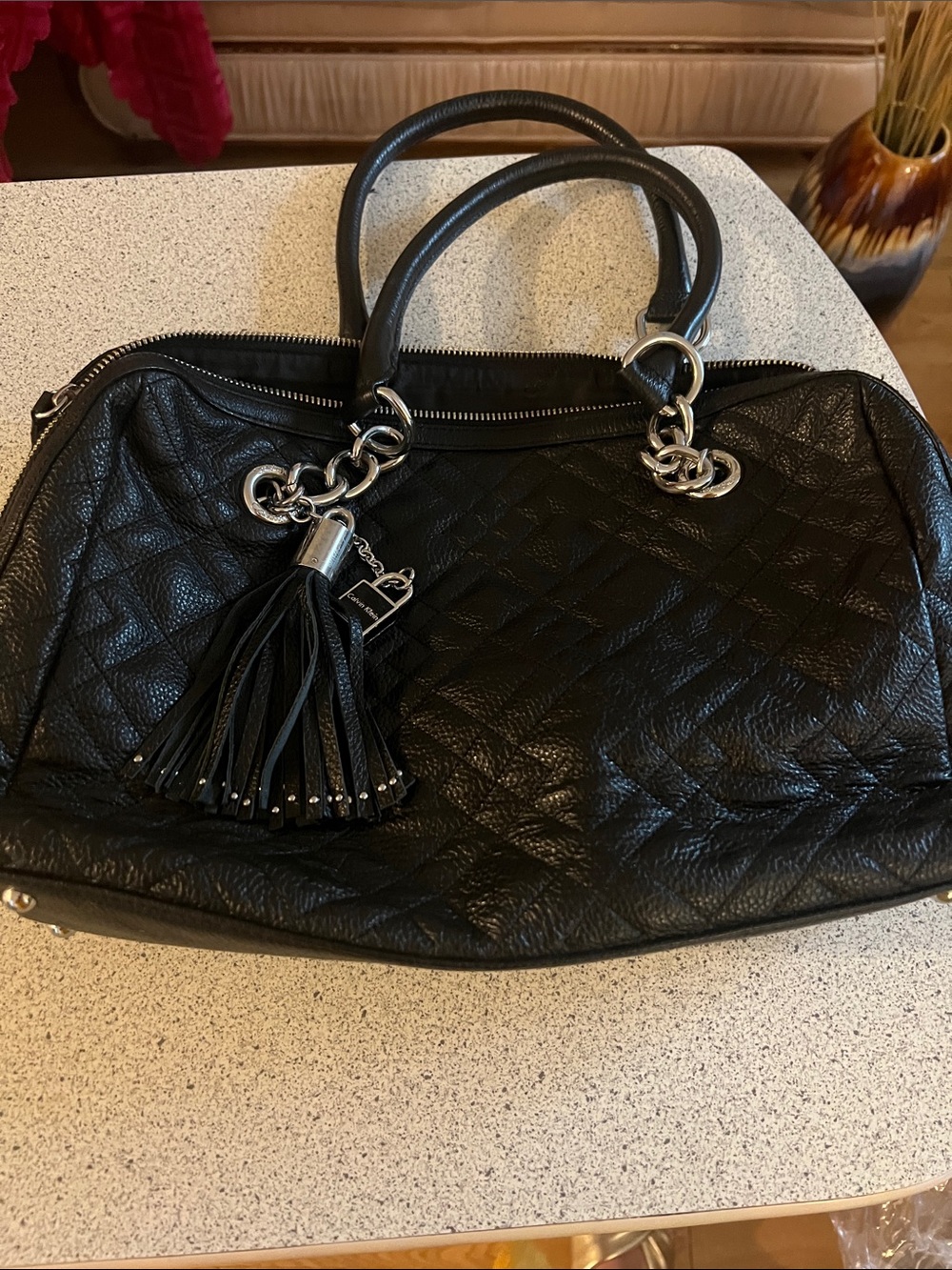 Calvin Klein Black Quilted Satchel with Tassel Charm